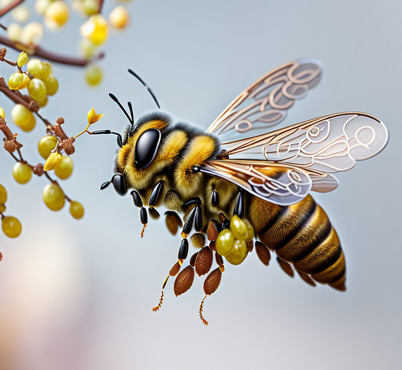 Detailed Illustration of Bee in Mid-Flight with Compound Eyes and Translucent Wings