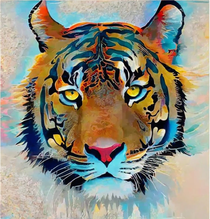 Colorful Tiger Face Digital Art with Abstract Brush Strokes