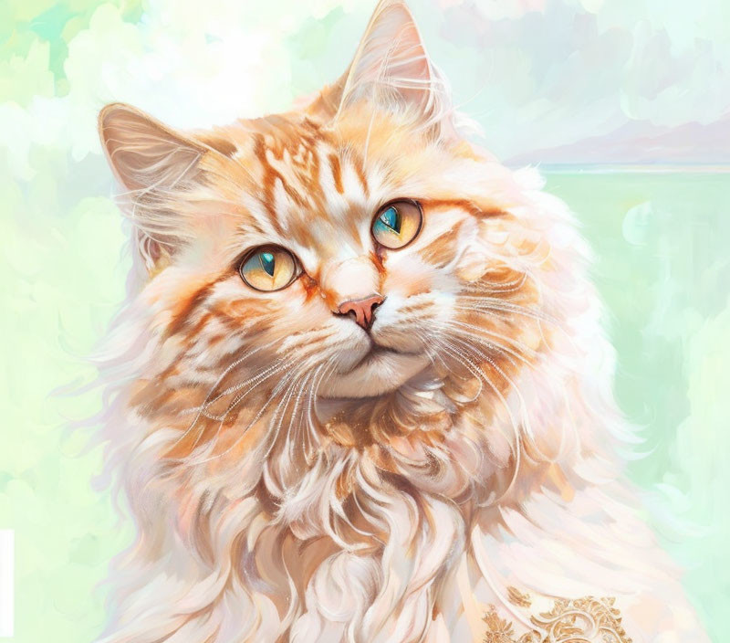 Orange Tabby Cat with Green Eyes and Luxurious Fur on Pastel Background