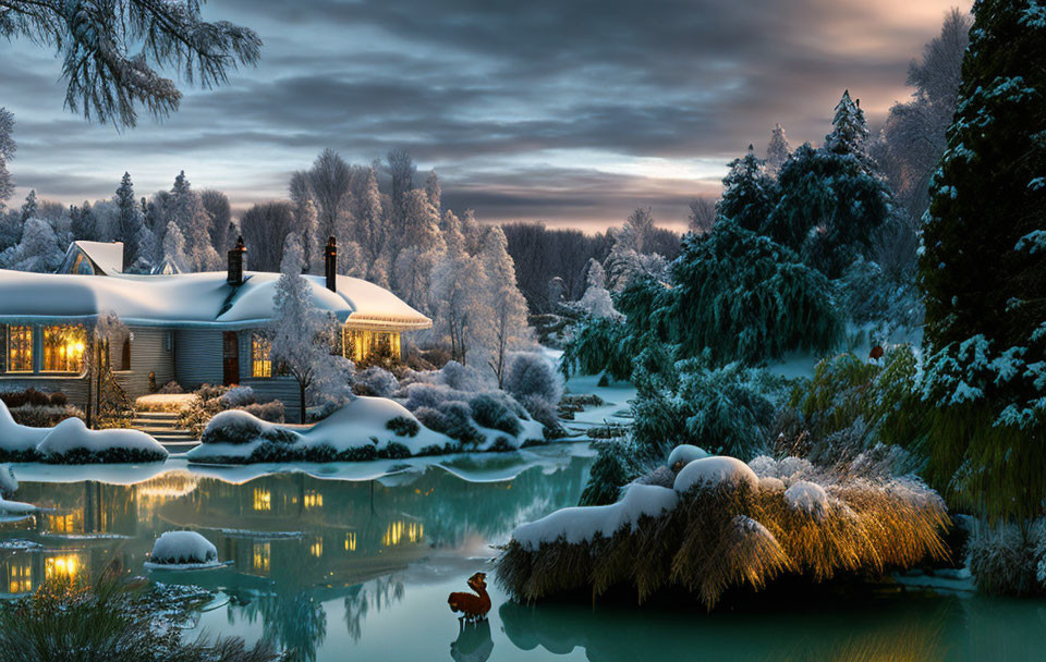 Snowy landscape with cozy house and frosted trees at dusk