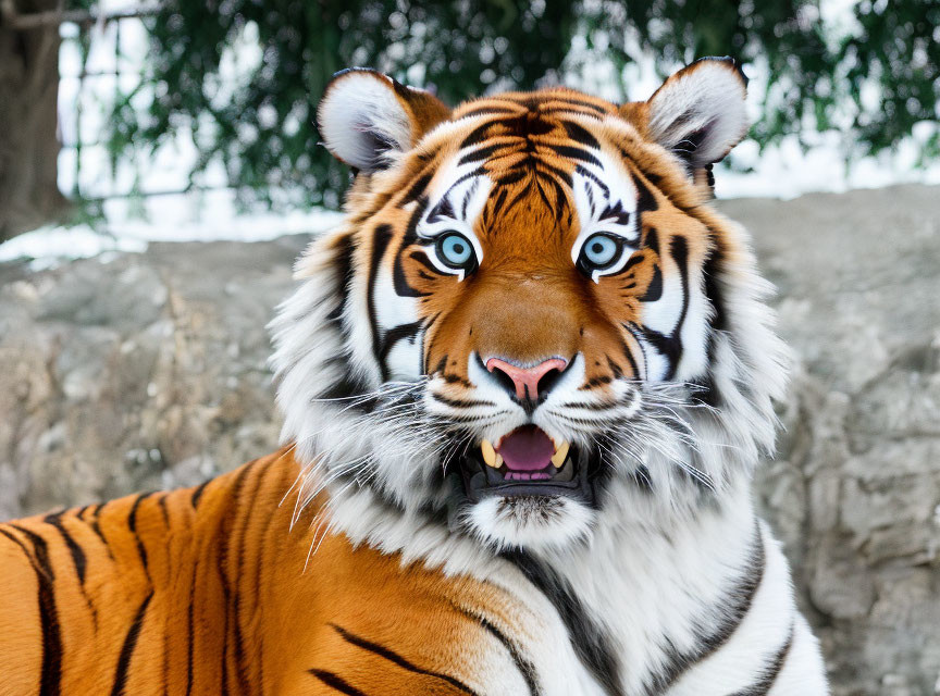 Striped Tiger Close-Up with Blue Eyes on Snowy Background