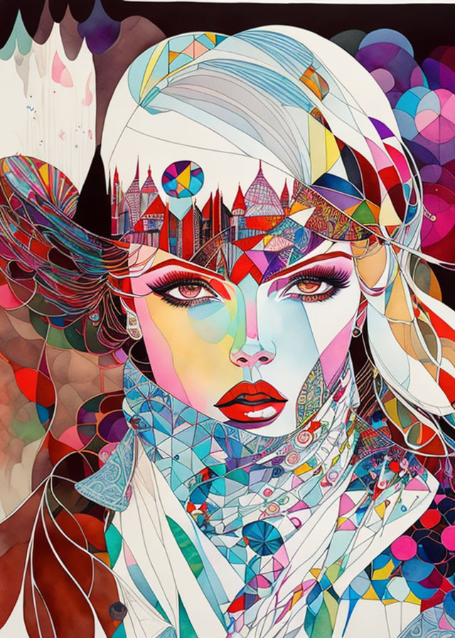 Colorful stylized portrait of woman with intricate patterns and cityscape headdress