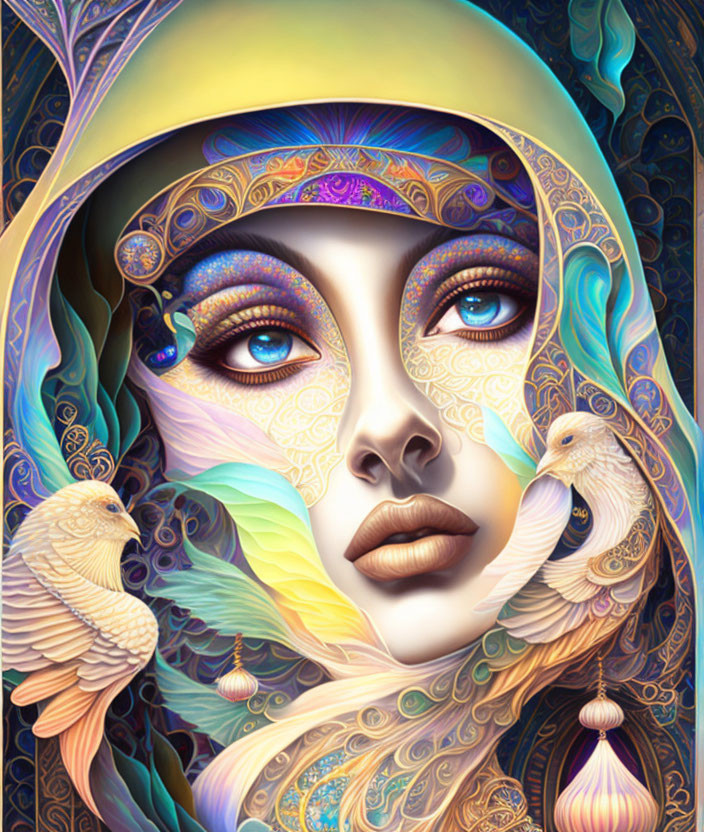 Colorful digital art portrait of a woman with birds, vibrant hues and ornamental elements.