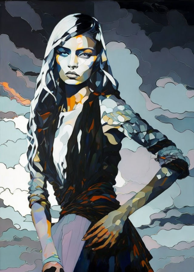 Stylized painting of woman in dark outfit against abstract background