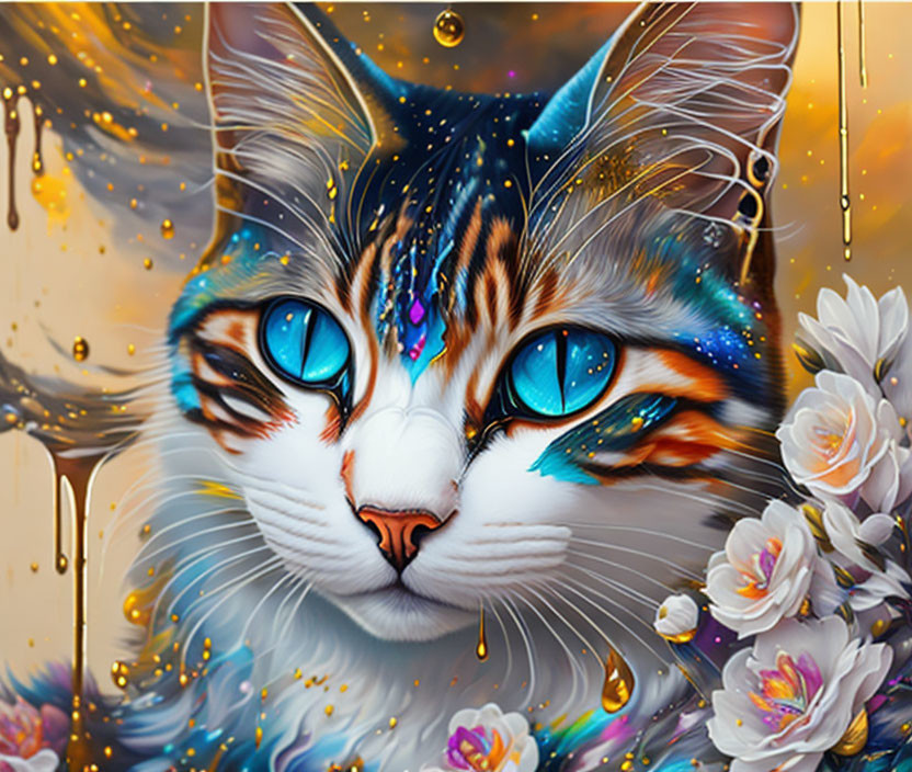 Colorful digital artwork of a cat with blue eyes and cosmic patterns in a floral setting.