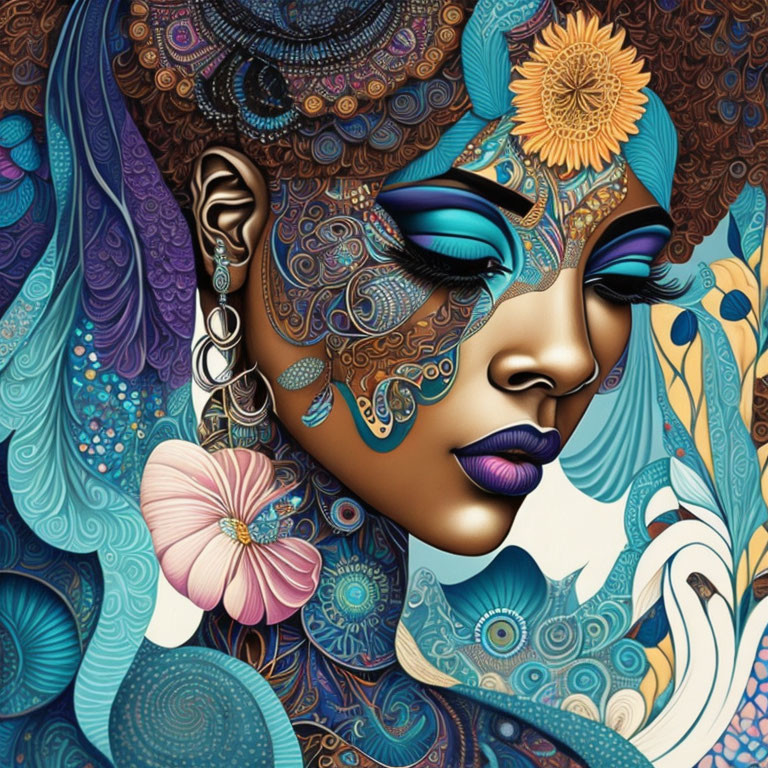 Colorful Woman Illustration with Floral and Paisley Patterns