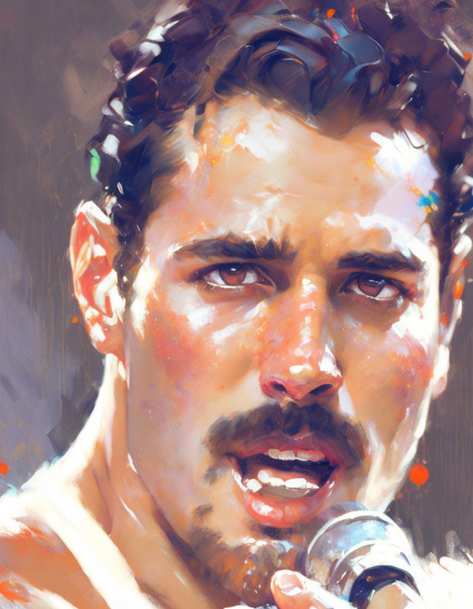 Curly-Haired Man with Microphone: Vibrant Brushstrokes