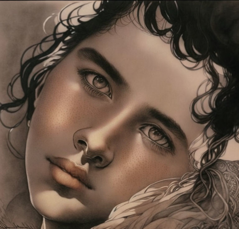 Detailed portrait of a person with curly hair, prominent eyes, and freckles in sepia tones