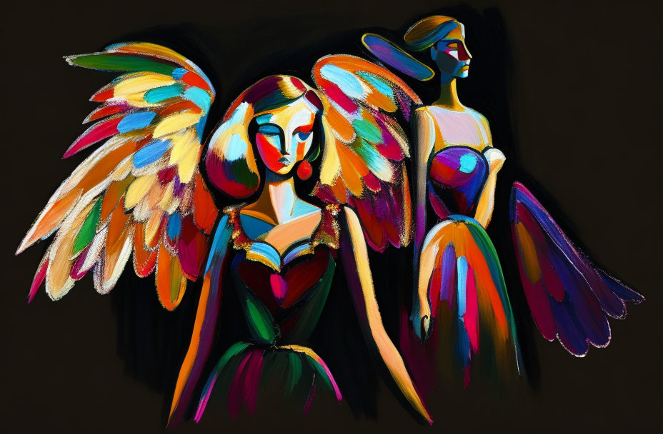 Colorful stylized angelic figures with vibrant wings in abstract art style