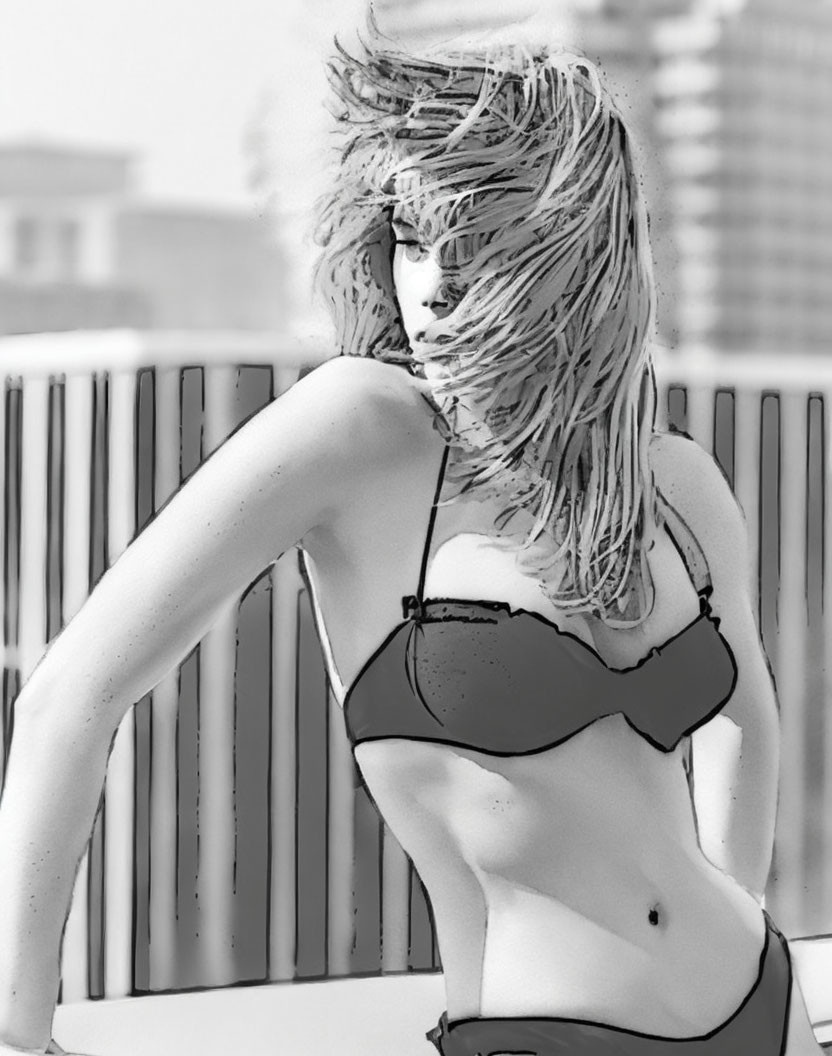 Monochrome art of woman in bikini top with flowing hair