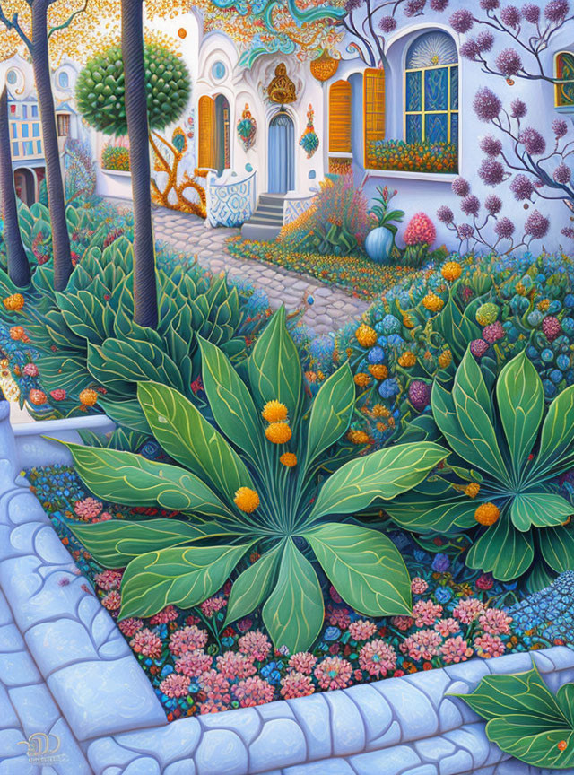 Vibrant garden illustration with cottage and lush flora