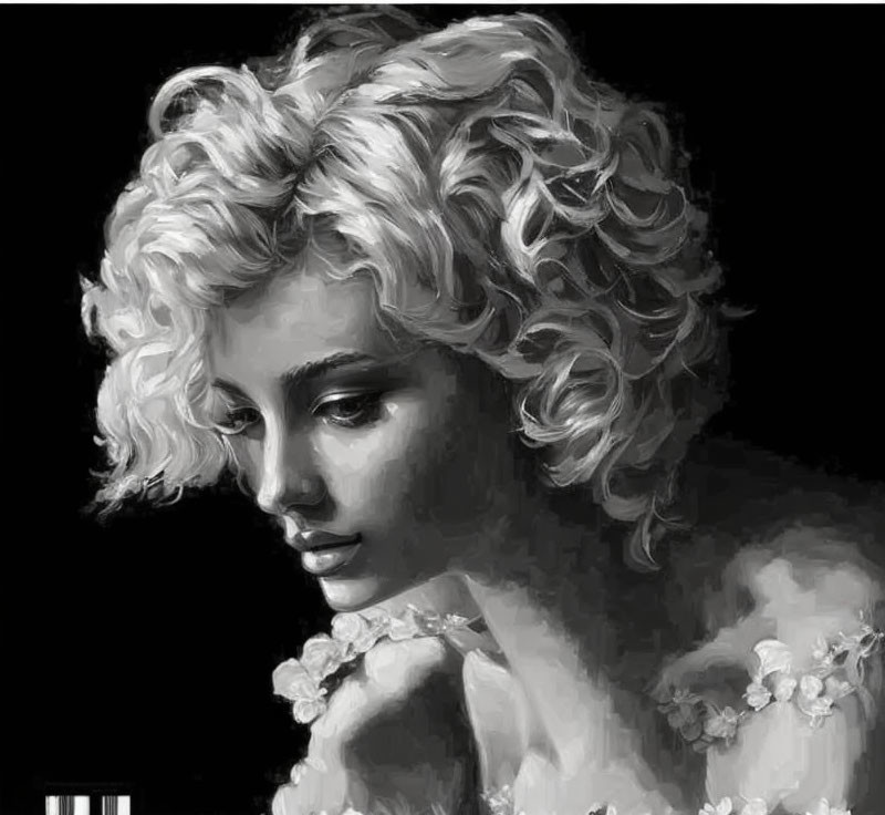 Monochrome digital painting of a woman with short curly hair in a floral dress.