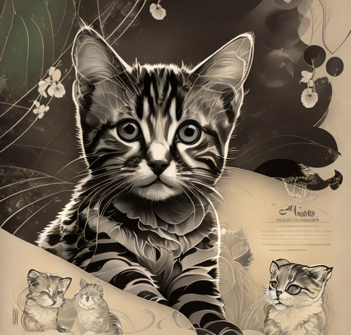 Monochrome Stylized Kitten Illustration with Sepia Tones