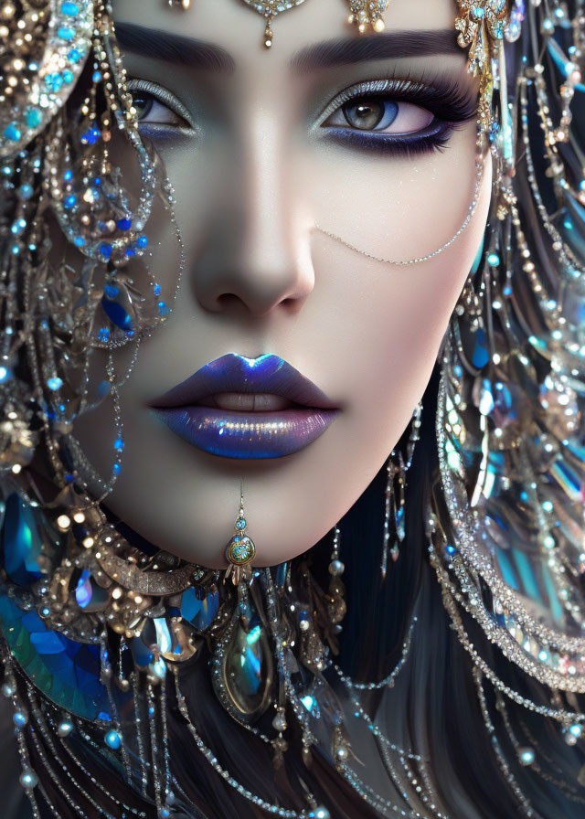 Close-up of woman in blue and gold jewelry with striking makeup.