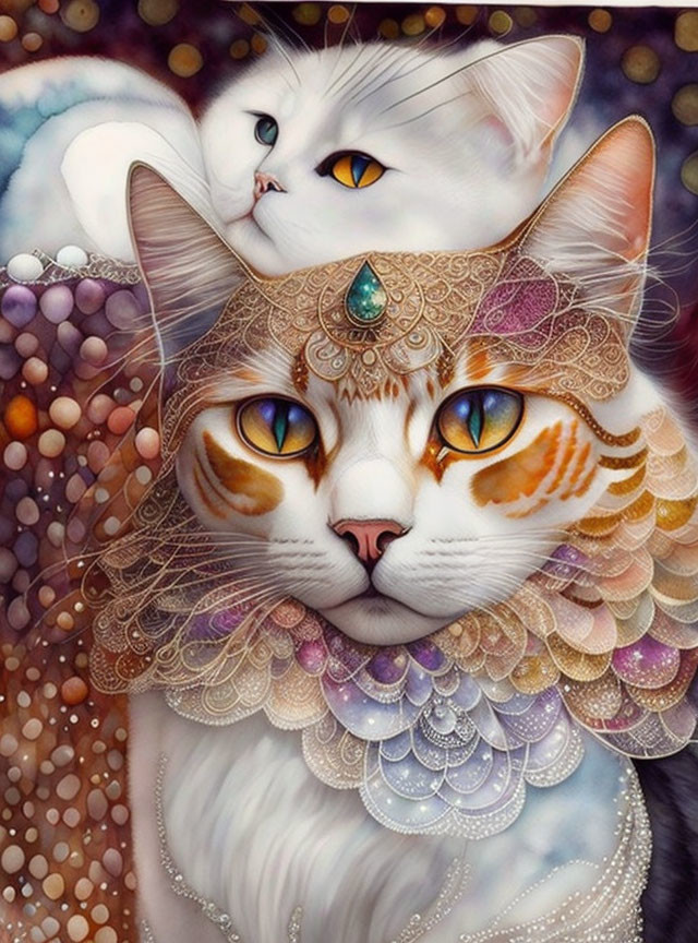 Vibrant illustration of two cats with jeweled headdresses on colorful background