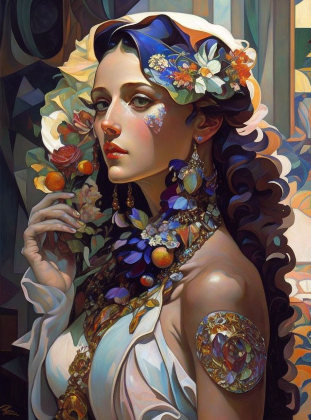 Stylized portrait of woman with dark hair, floral wreath, fruits, and jewels