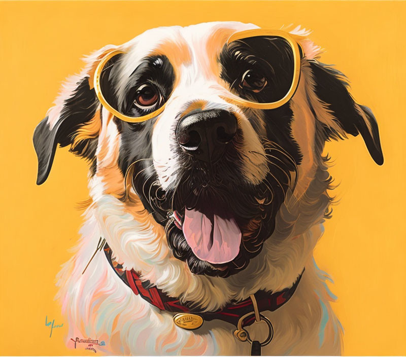 Happy dog in yellow glasses on yellow background