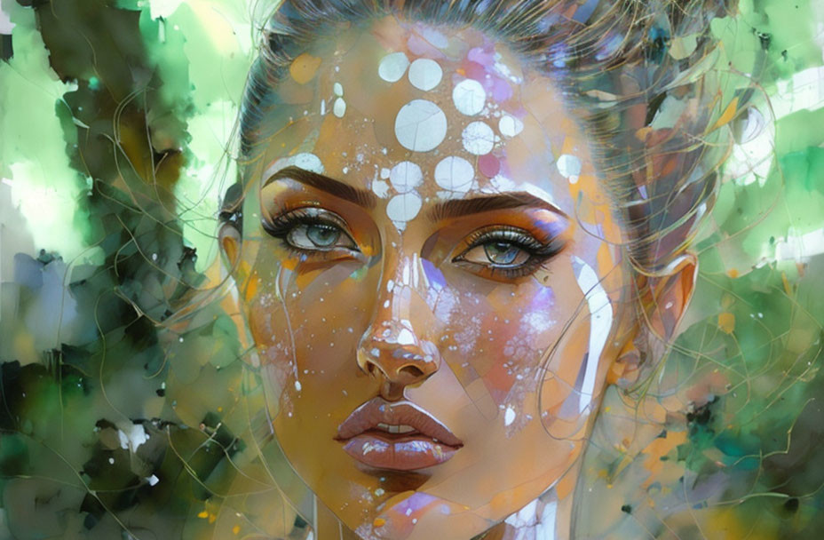 Detailed Woman's Face Artwork with Ethereal Green and Brown Tones