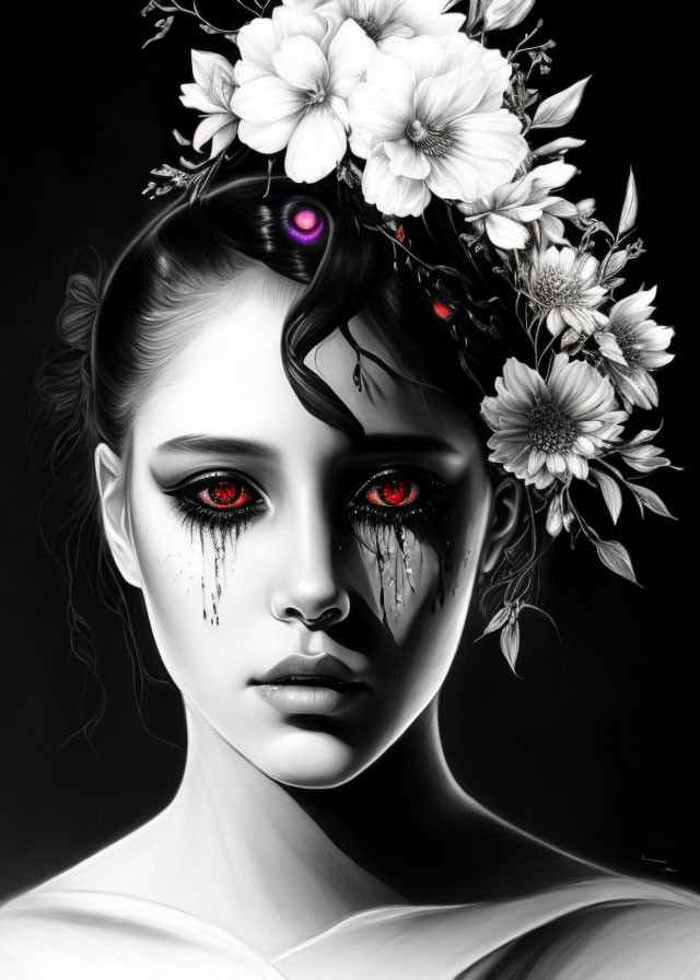 Monochromatic portrait of a woman with red teary eyes and white flower crown in gothic style