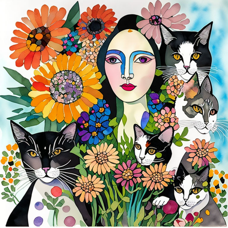 Vibrant illustration of woman with cats and flowers