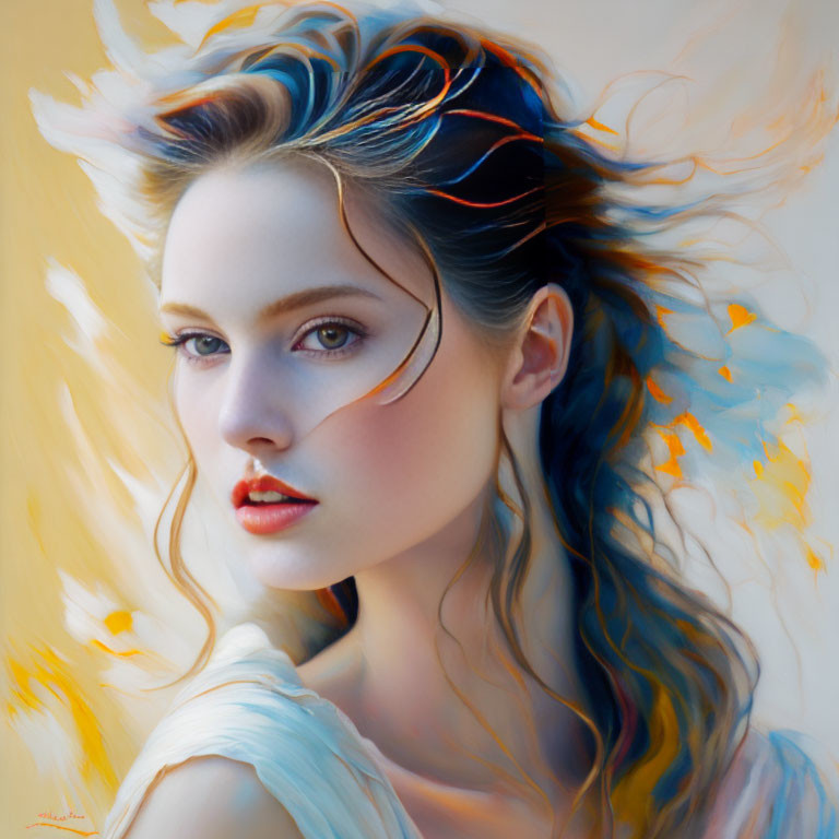 Vibrant digital portrait of a woman with flowing blue and orange hair strokes