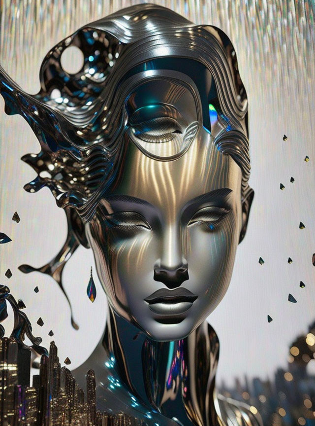 Futuristic digital artwork: metallic female face with abstract elements