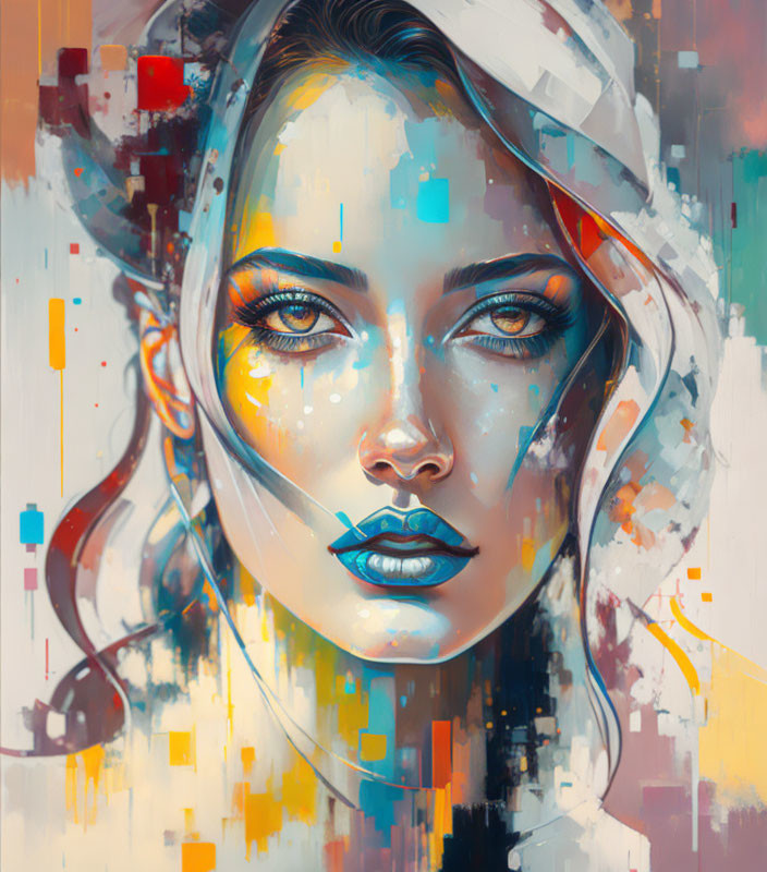 Vibrant abstract patterns on woman with blue lips