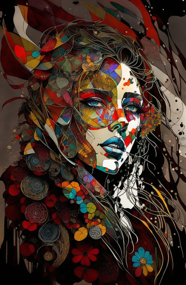 Colorful floral and abstract digital art portrait of a woman