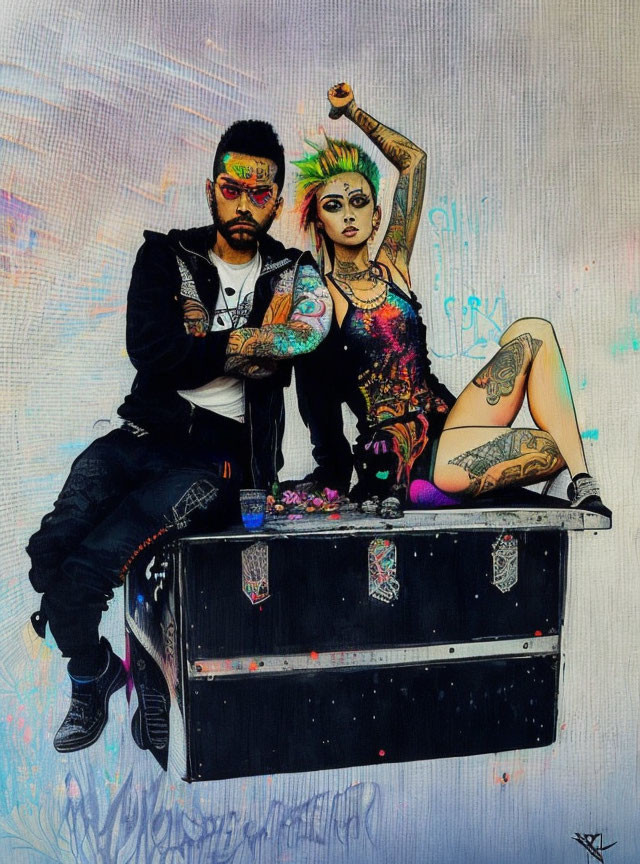 Two individuals with vibrant tattoos and alternative fashion styles on graffiti-covered trunk