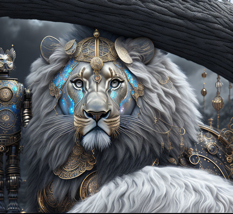 White lion with golden armor and blue markings on dark background