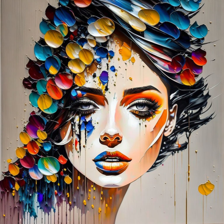 Colorful street art portrait of a woman with abstract paint headdress