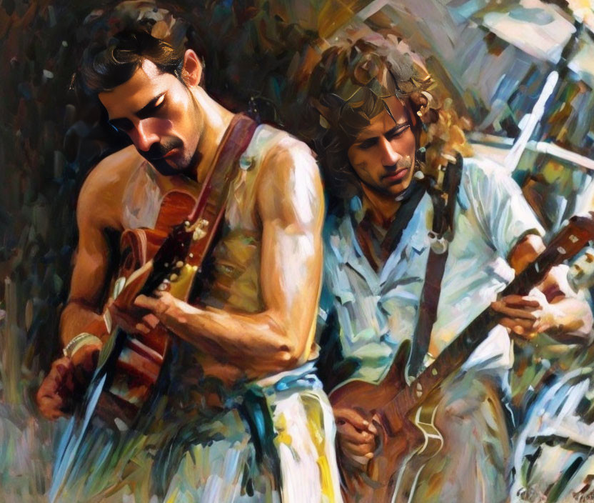 Dynamic Painting of Two Men Playing Electric Guitars