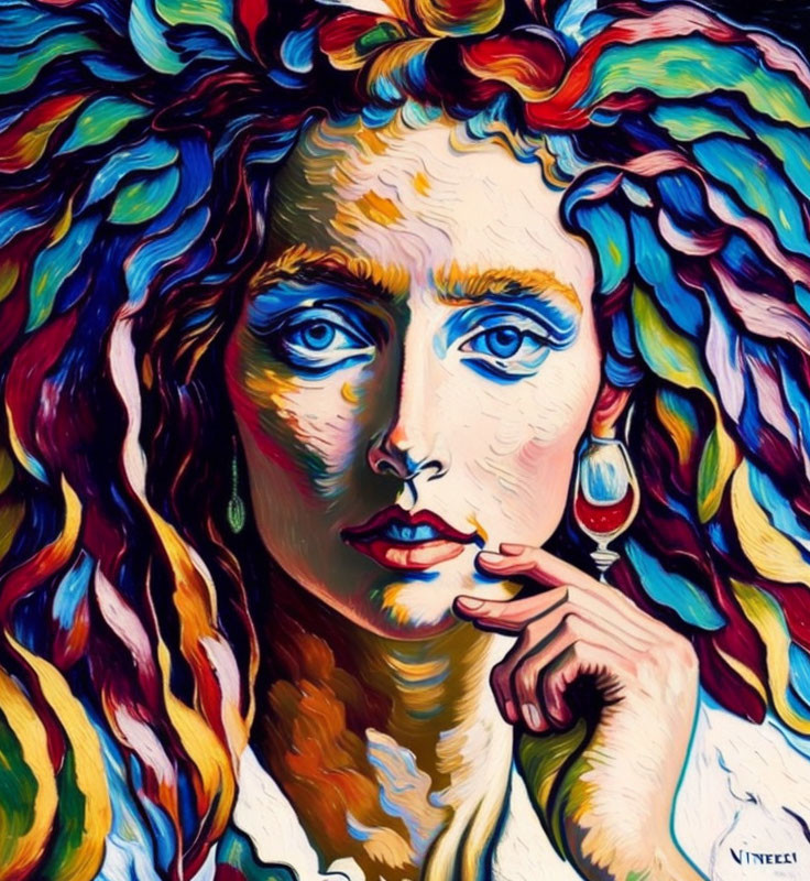 Vibrant abstract portrait with wavy hair and blue eyes