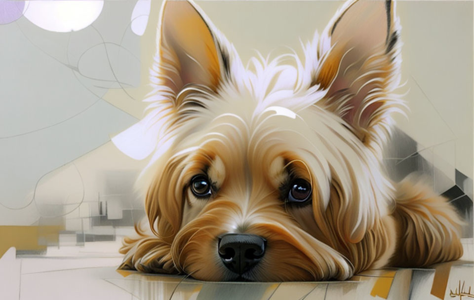 Digital illustration: Yorkshire Terrier with expressive eyes resting on flat surface