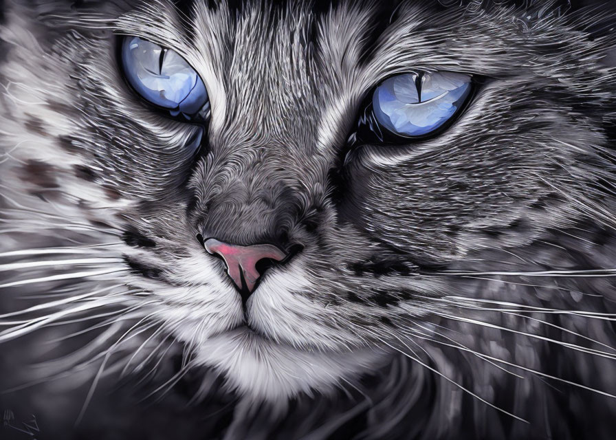 Detailed close-up digital artwork: cat with blue eyes, fur texture, whiskers, monochrome background