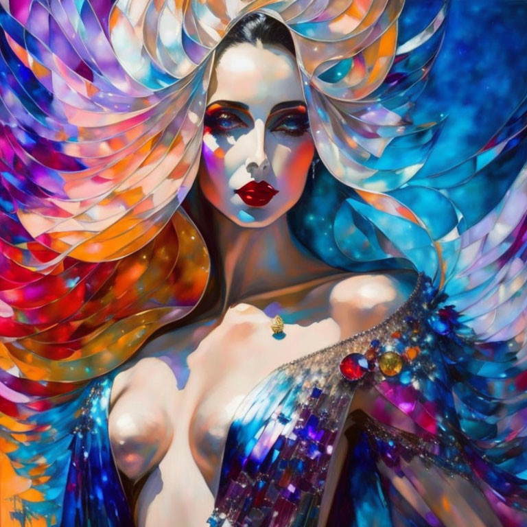 Vibrant woman with multicolored wings and jeweled shoulder piece on starry backdrop