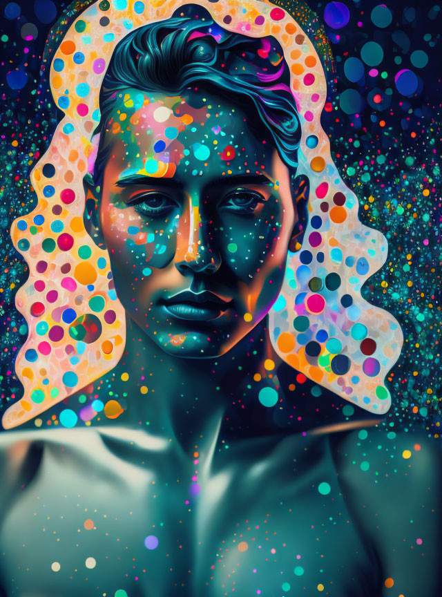 Colorful digital artwork: person with speckles on skin, bright circles & abstract elements