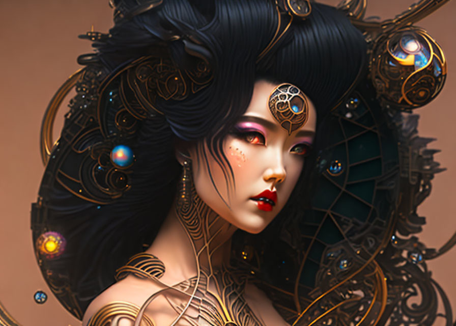 Steampunk-themed digital art of a woman with ornate gears and globes in rich browns