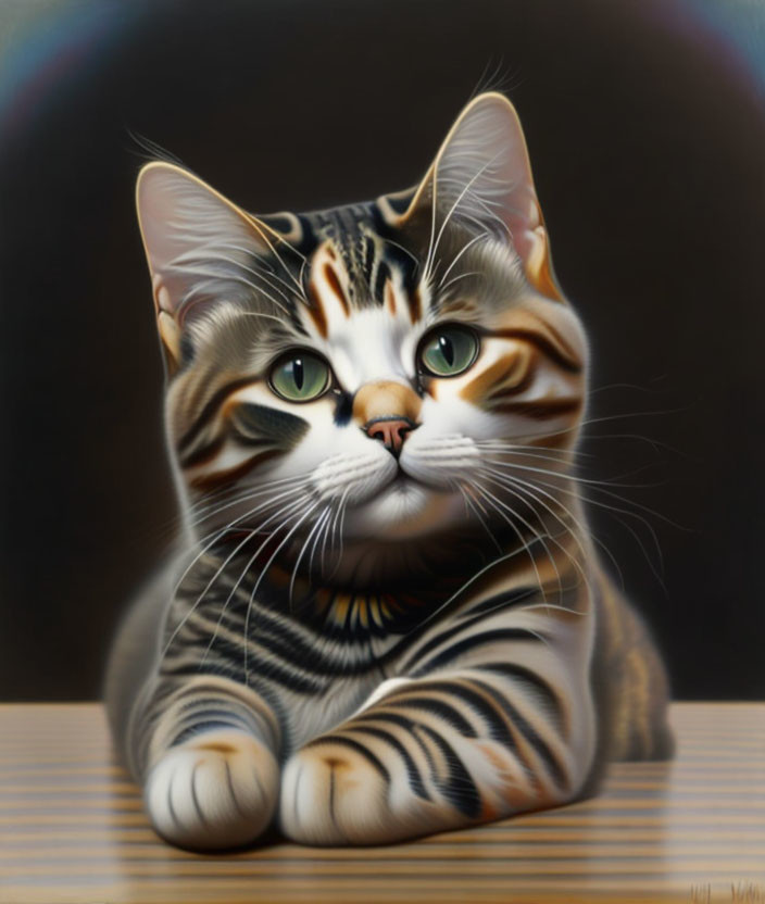 Detailed Digital Illustration of Cat with Green Eyes and Striped Markings