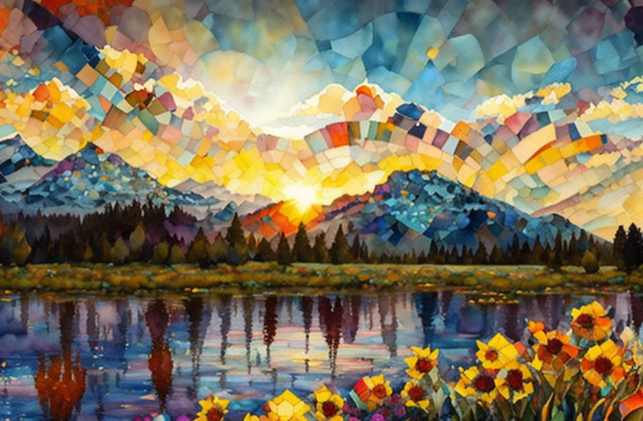 Vibrant mosaic landscape: sunset, mountains, trees, reflective lake