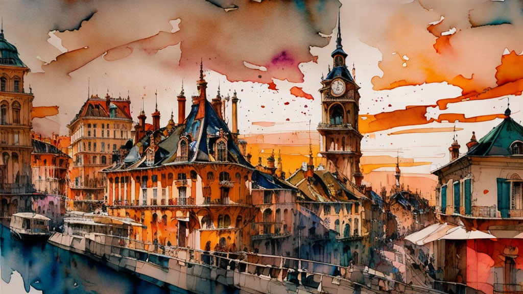 Picturesque town watercolor painting: historic buildings, clock tower, canal, colorful sky