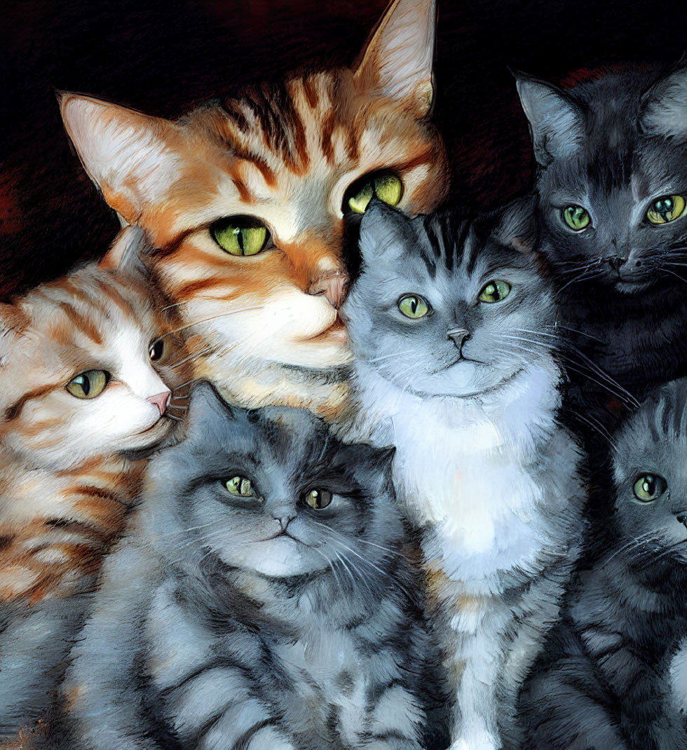 Five Cats with Different Fur Patterns and Green Eyes Huddled Together