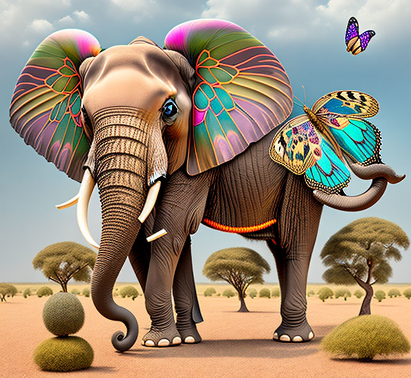 Colorful Butterfly-Winged Elephant in Savanna Landscape