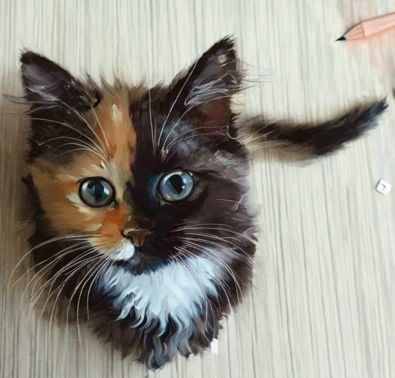 Realistic drawing of a calico kitten with blue eyes on wooden surface.