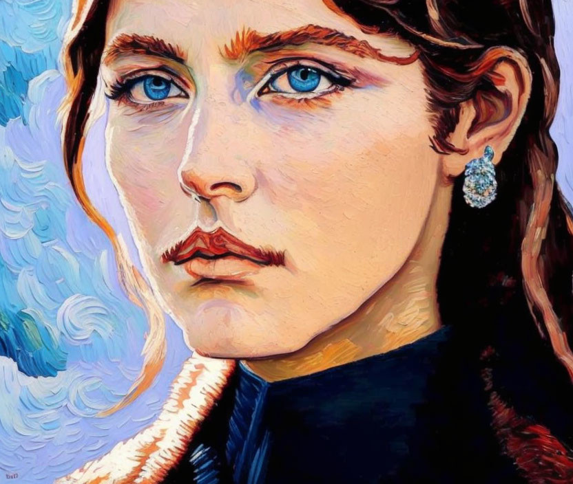 Vibrant portrait of young woman with blue eyes and earring on swirling blue backdrop