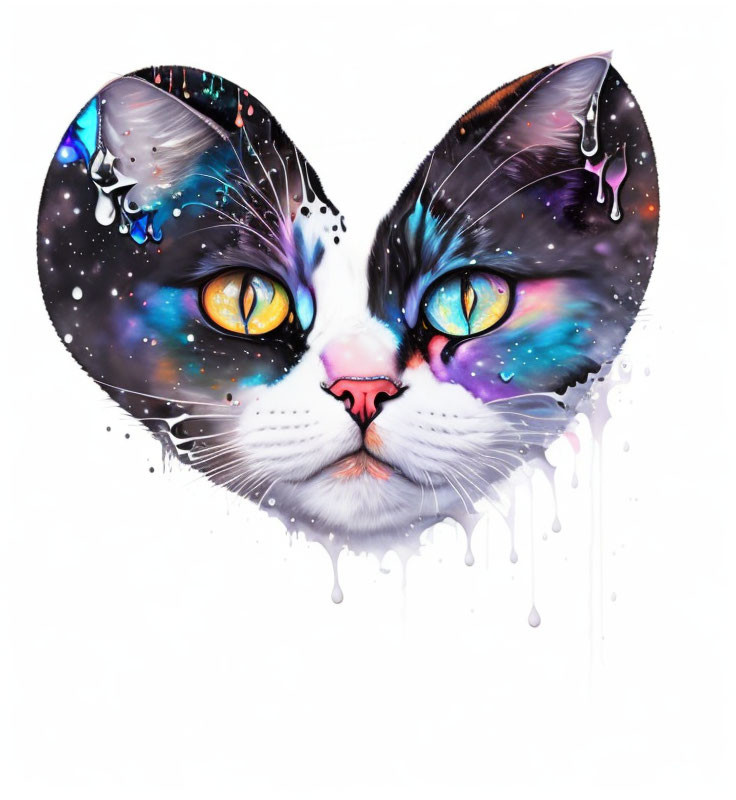 Colorful Cosmic Cat Art with Dripping Paint Effect