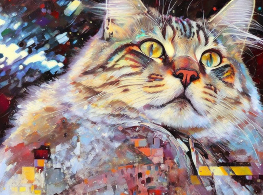 Abstract Cat Painting with Amber Eyes on Vibrant Mosaic Background