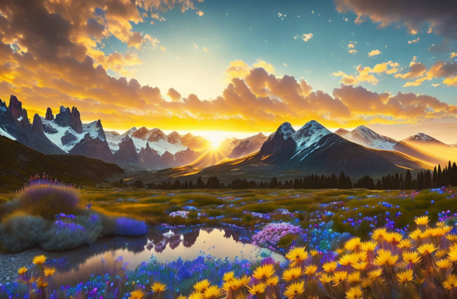 Colorful sunset over mountain range with wildflowers, pond, and dramatic sky