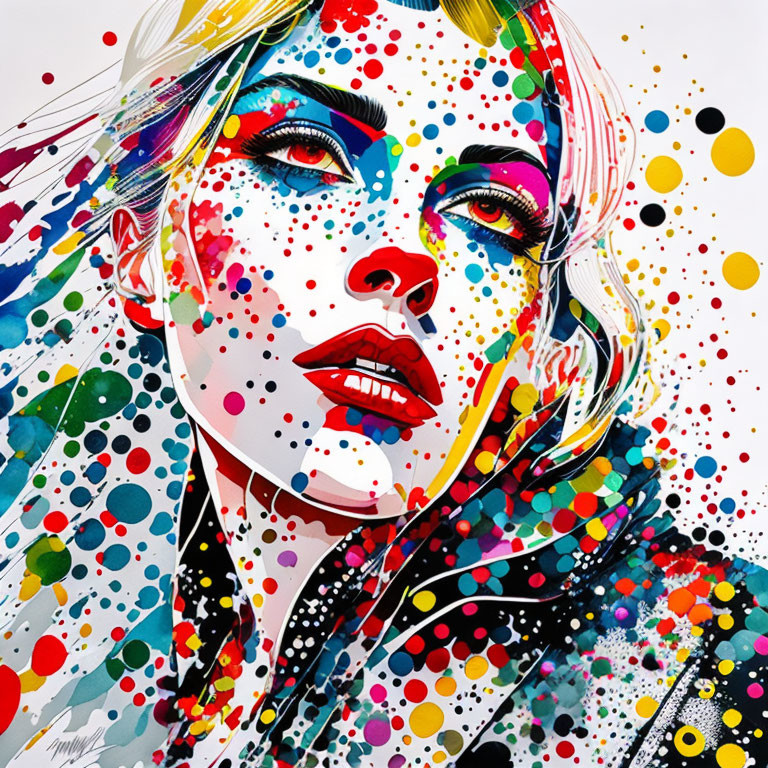 Vibrant abstract portrait of a woman with colorful paint splatters.