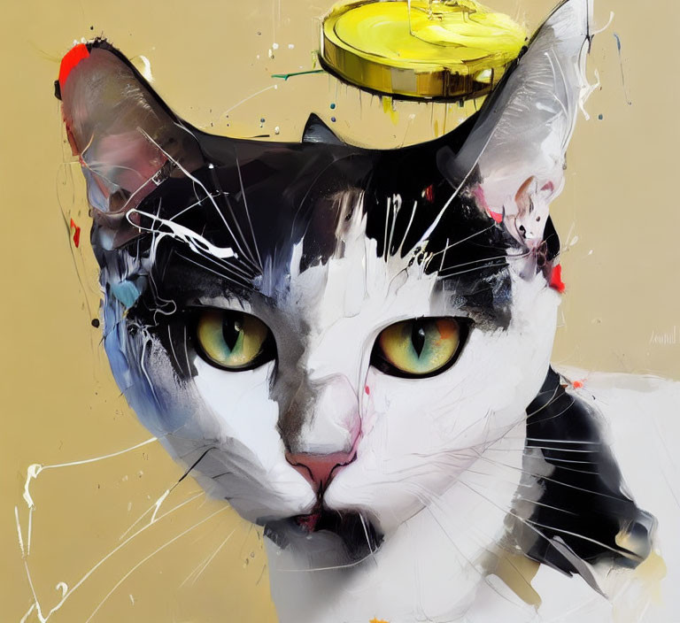 Vibrant painting of black and white cat with yellow eyes and abstract colorful splashes